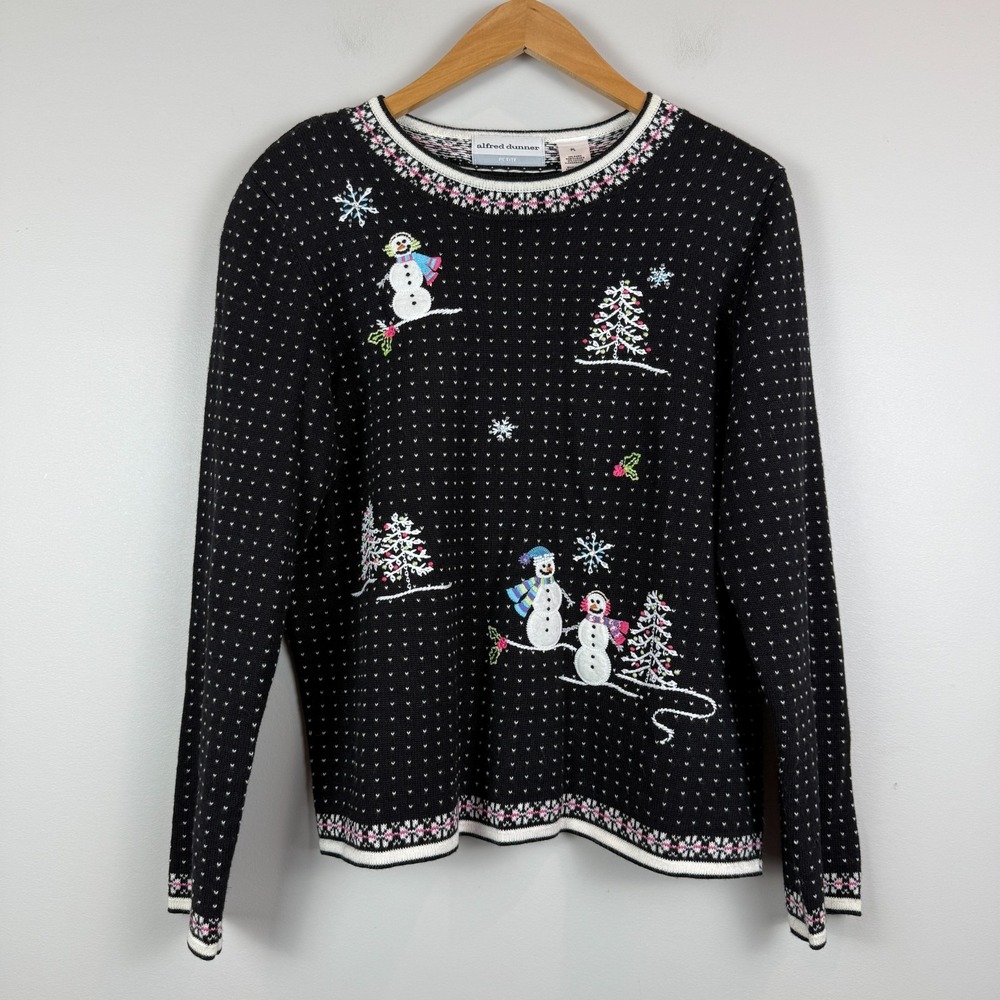 Vtg Alfred Dunner Christmas Sweater Women LP Black Knit Snowman Embroidered Cozy